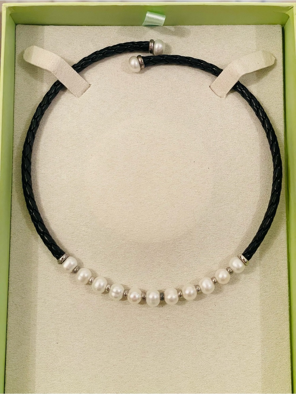 Ross-Simons Sterling Silver Freshwater Pearl Leather Braided Choker Necklace